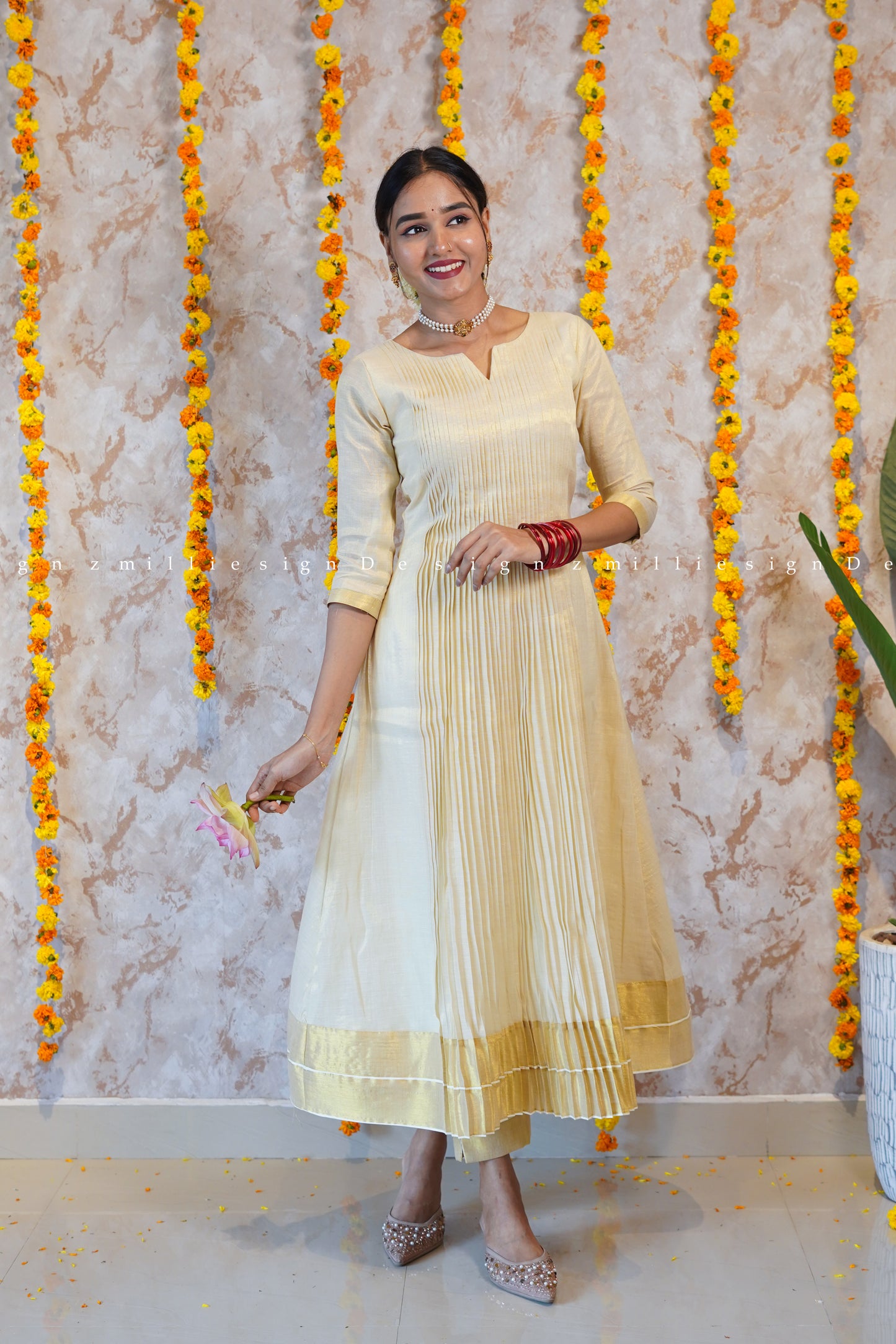 Two Piece Tissue Pintuck Kurta with Pant (MSD-143)