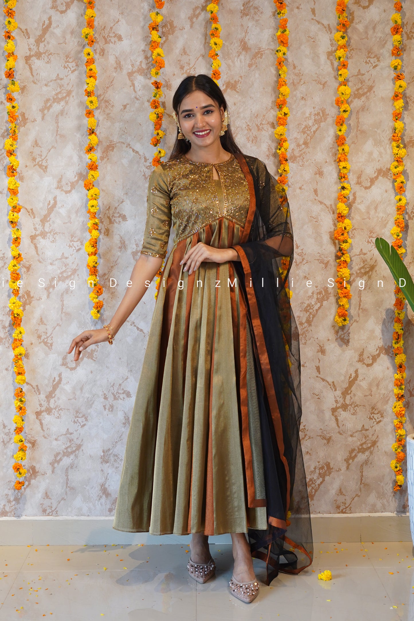 Two Piece Heavy Handworked Tissue Aliacut Anarkali with Net Dupatta (MSD-142)
