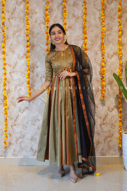 Two Piece Heavy Handworked Tissue Aliacut Anarkali with Net Dupatta (MSD-142)