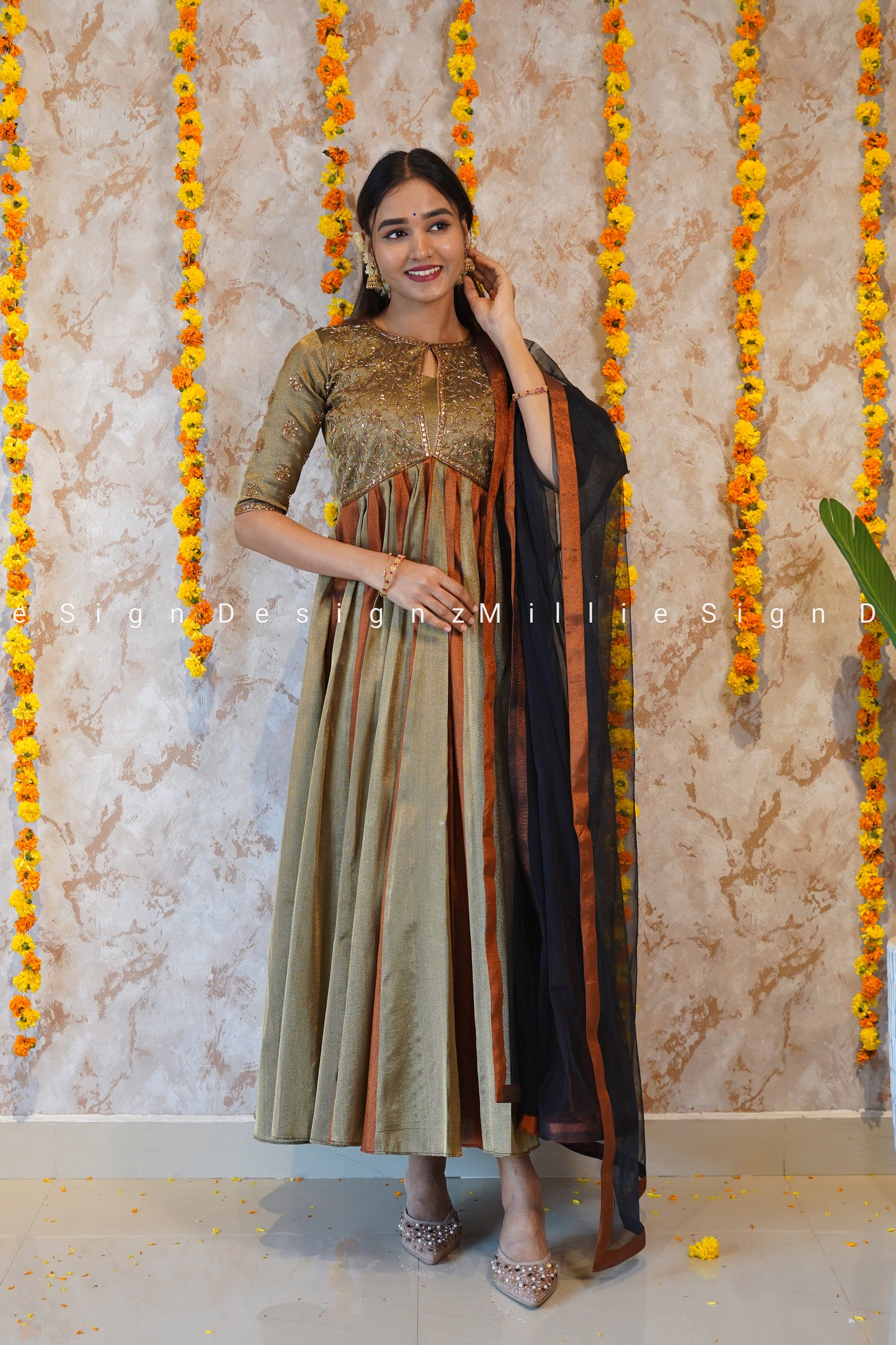 Two Piece Heavy Handworked Tissue Aliacut Anarkali with Net Dupatta (MSD-142)