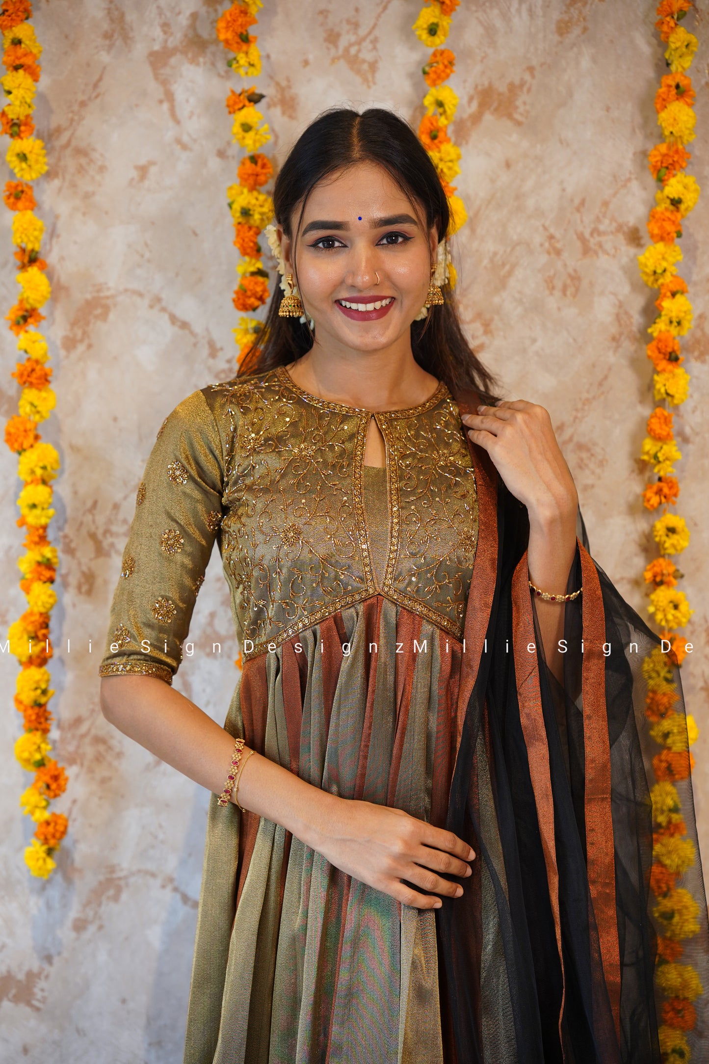 Two Piece Heavy Handworked Tissue Aliacut Anarkali with Net Dupatta (MSD-142)