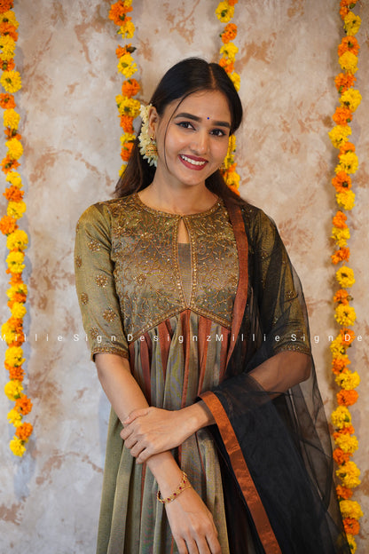 Two Piece Heavy Handworked Tissue Aliacut Anarkali with Net Dupatta (MSD-142)