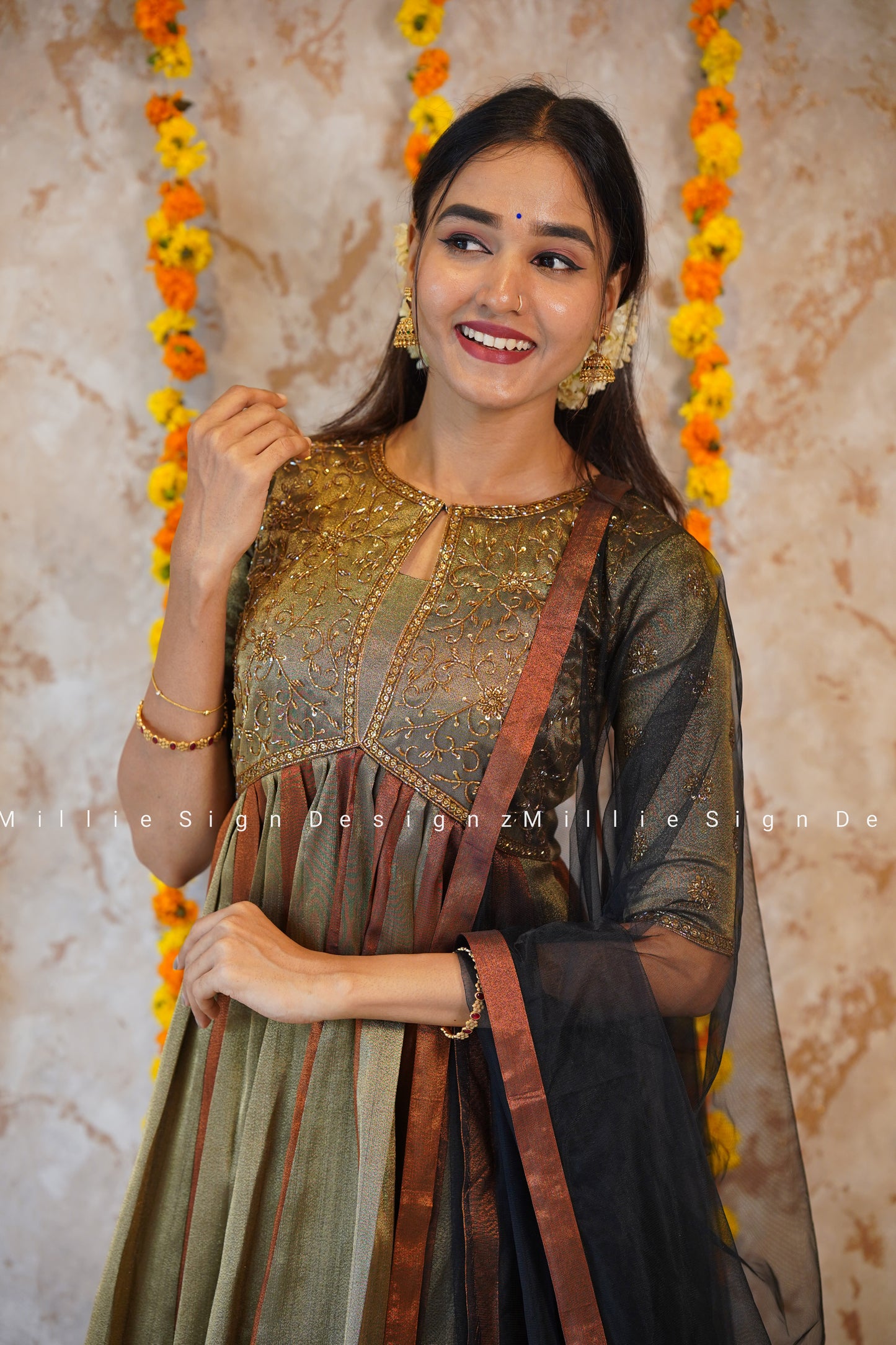 Two Piece Heavy Handworked Tissue Aliacut Anarkali with Net Dupatta (MSD-142)