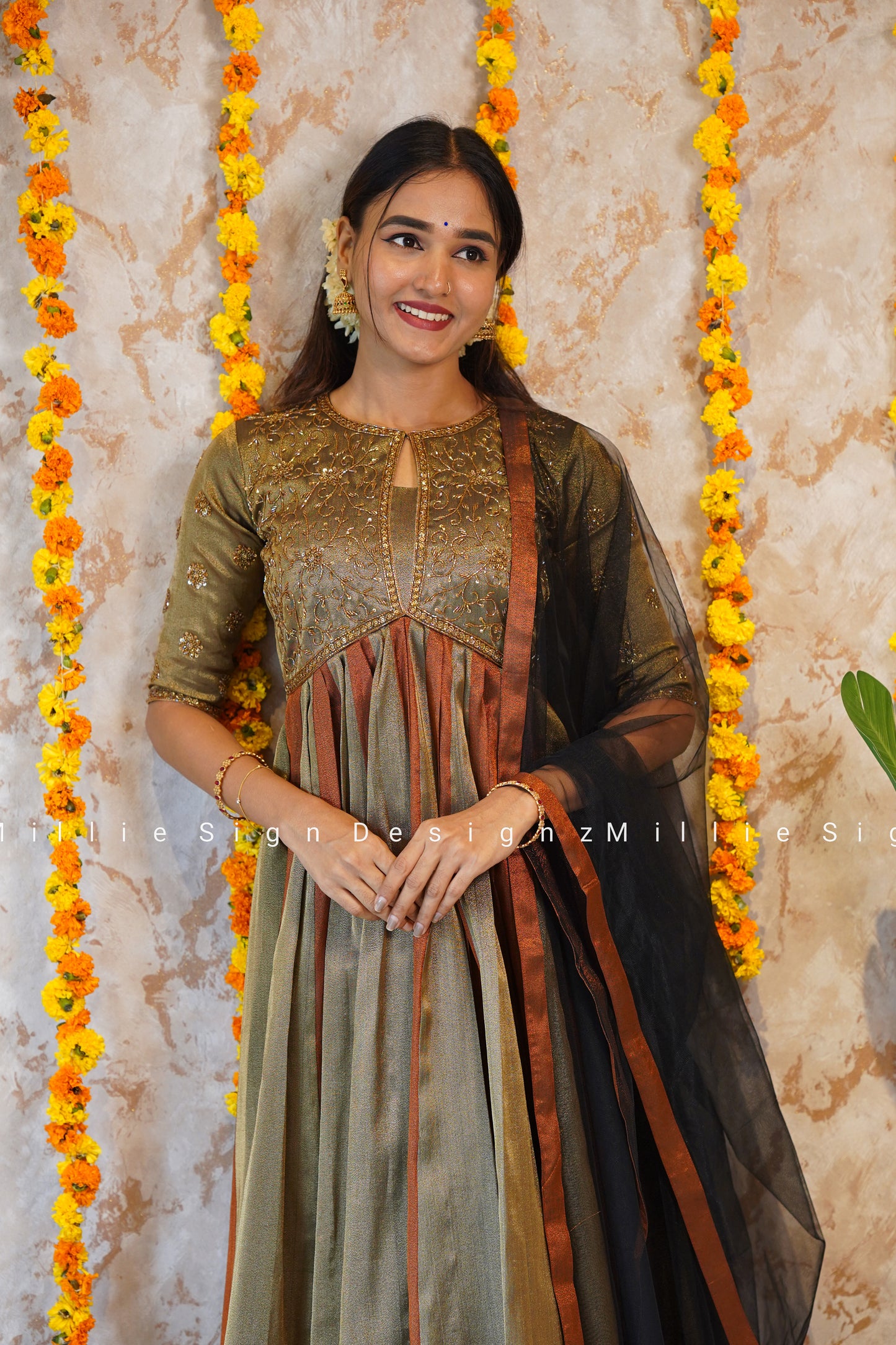 Two Piece Heavy Handworked Tissue Aliacut Anarkali with Net Dupatta (MSD-142)