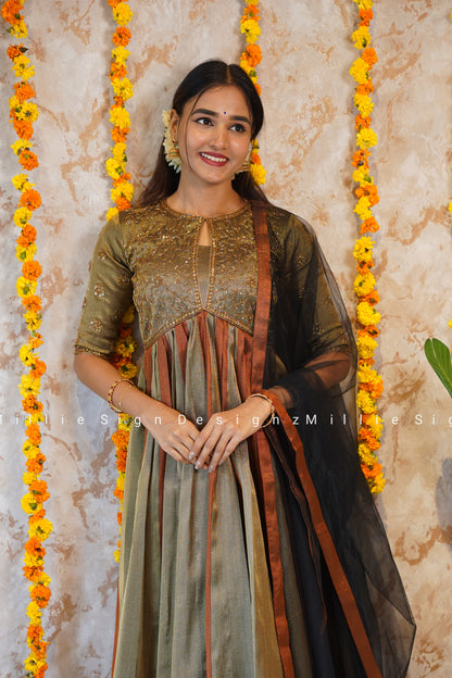 Two Piece Heavy Handworked Tissue Aliacut Anarkali with Net Dupatta (MSD-142)