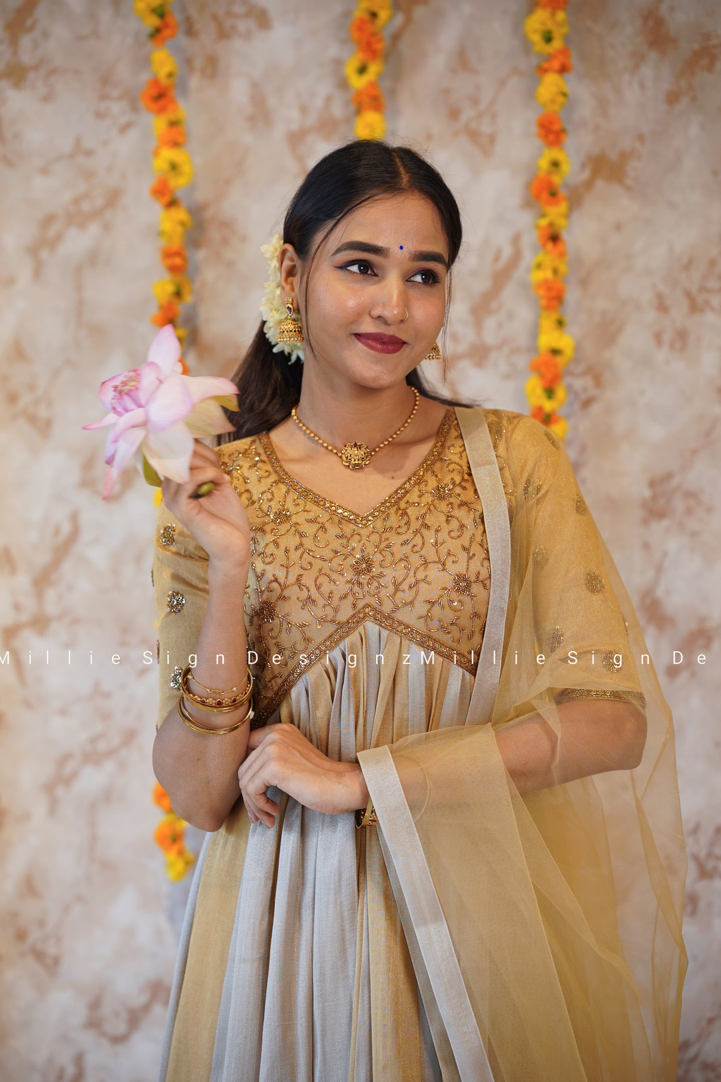 Two Piece Heavy Handworked Tissue Aliacut Anarkali with Net Dupatta (MSD-141)