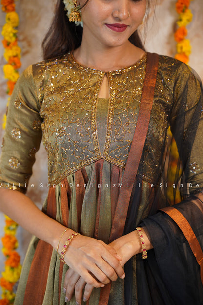 Two Piece Heavy Handworked Tissue Aliacut Anarkali with Net Dupatta (MSD-142)