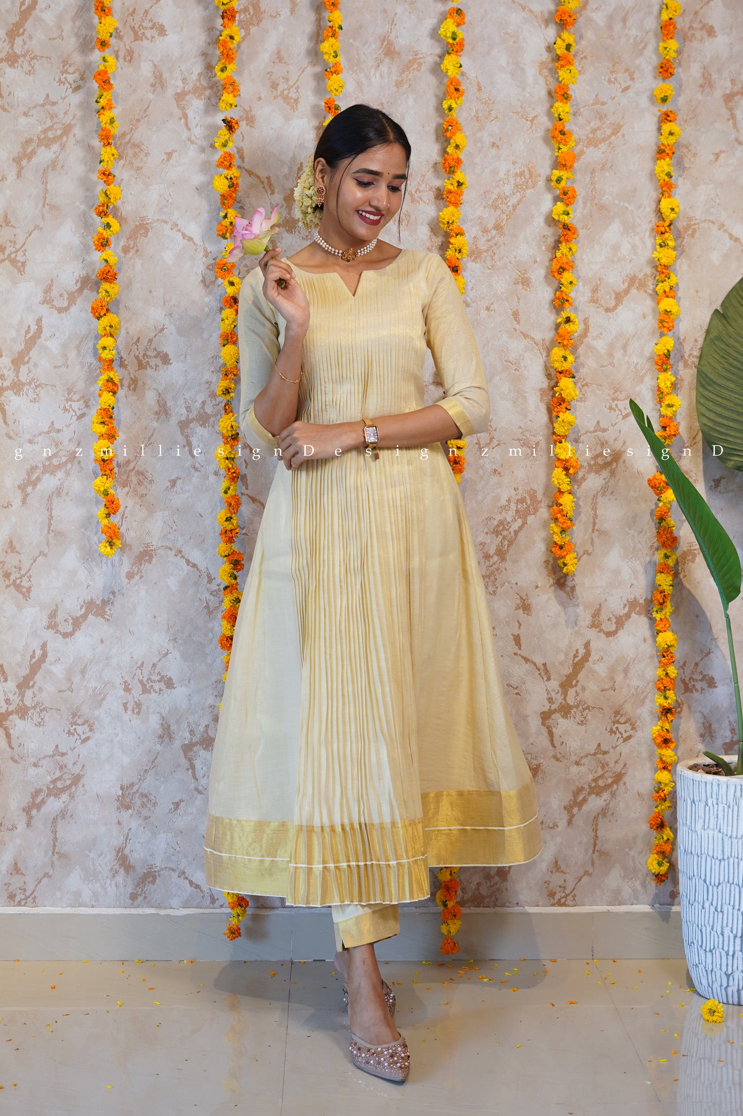 Two Piece Tissue Pintuck Kurta with Pant (MSD-143)