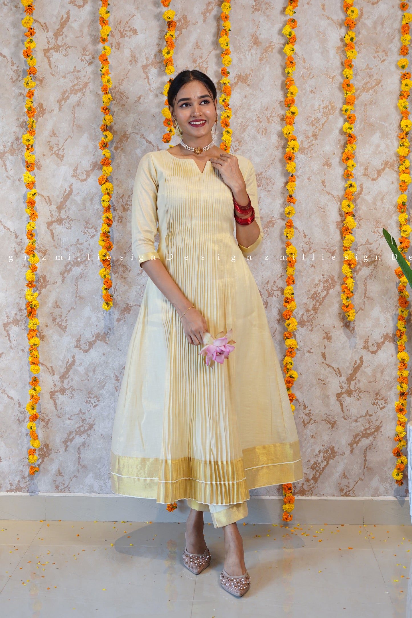 Two Piece Tissue Pintuck Kurta with Pant (MSD-143)
