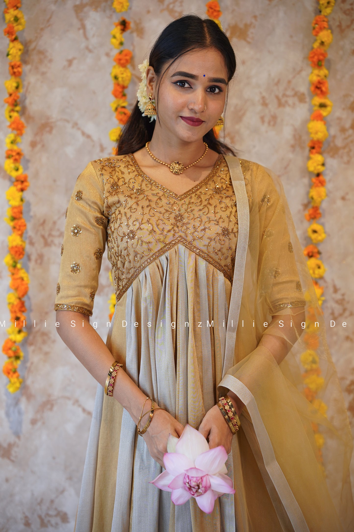Two Piece Heavy Handworked Tissue Aliacut Anarkali with Net Dupatta (MSD-141)