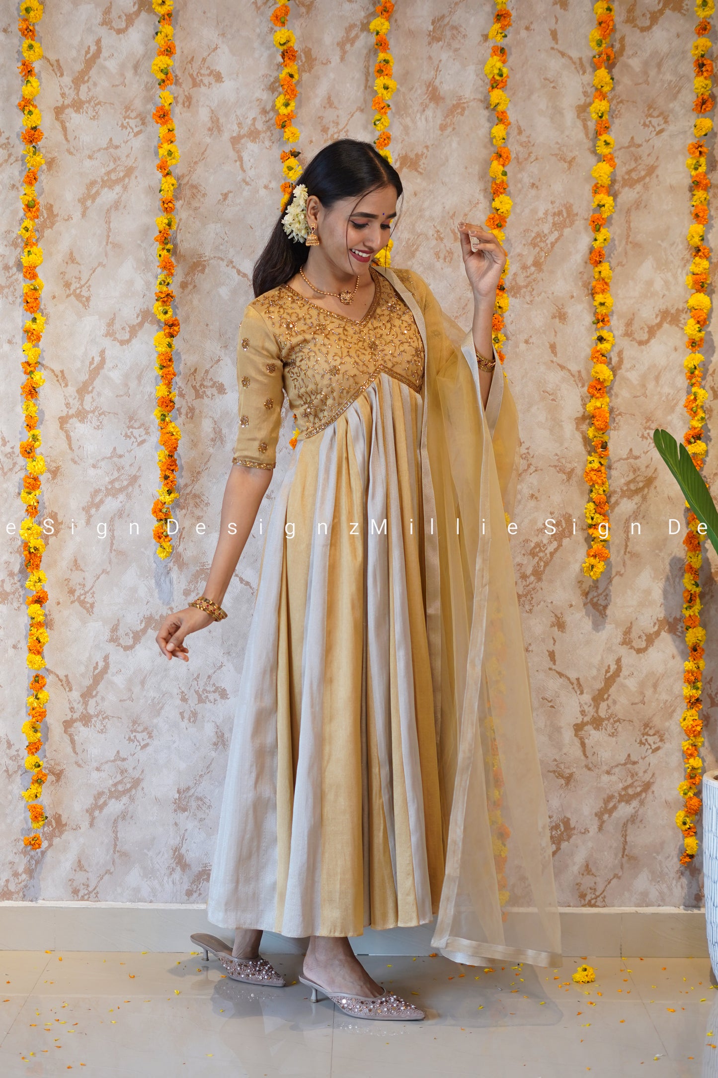 Two Piece Heavy Handworked Tissue Aliacut Anarkali with Net Dupatta (MSD-141)