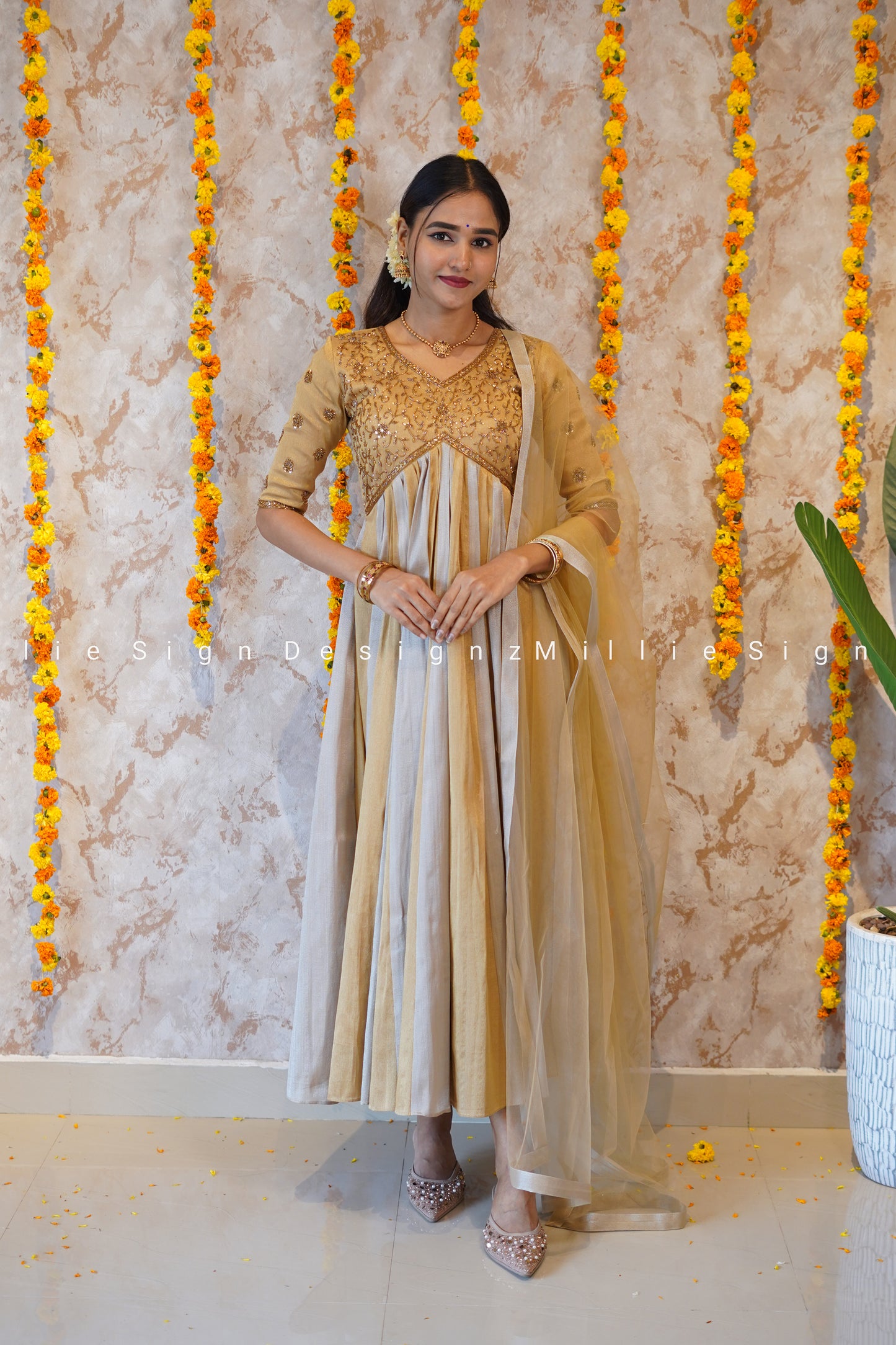 Two Piece Heavy Handworked Tissue Aliacut Anarkali with Net Dupatta (MSD-141)