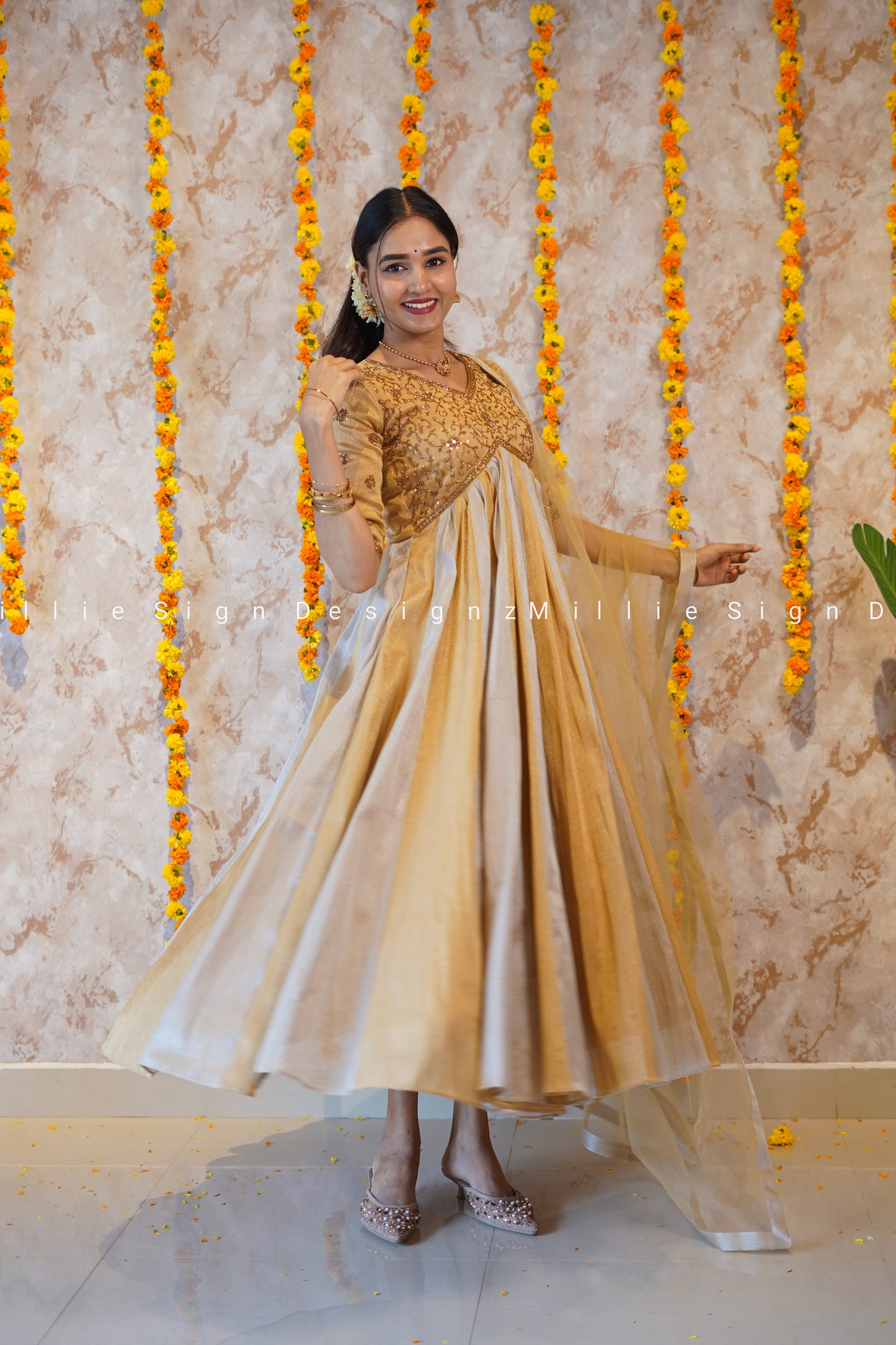 Two Piece Heavy Handworked Tissue Aliacut Anarkali with Net Dupatta (MSD-141)